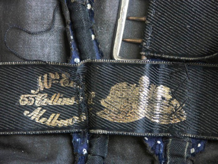 Label printed on coutil interior of bodice Alice Creswick s Day Dress  1880c  Maker Mrs Eeles Collins Street Melbourne  Costume Collection Donor Mrs S Wood gallery image