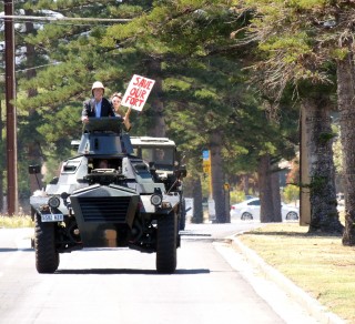 Prof Norman Etherington and Eileen Darley in Saracen armoured car  Photo Dave Walsh related image