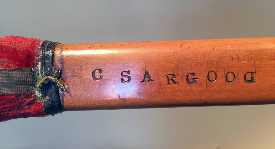 Stamp on archery bow belonging to either Clara or Charlotte Sargood  in the Rippon Lea collection  1890 ca  gallery image