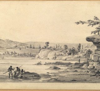 Aboriginal people fishing in Woolloomooloo Bay near Paddington. Charles Rodius, 1833. (State Library of NSW, PXA 997)