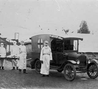 Perth Public Hospital ambulance and masked staff during the Spanish Influenza epidemic 1919 related image