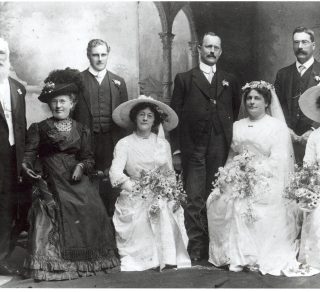 Photo of wedding party From left John Holzer Annie Holzer Frank Loft Lily Loft Ed Danaher Groom Lizzie Danher nee Holzer Henry Holzer and La Holzer Copies of Holzer family photos made from originals held by Mrs Greta St Ellen nee Holzer related image
