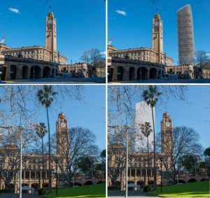 Before and after photos showing the impact on the Central Clock Tower