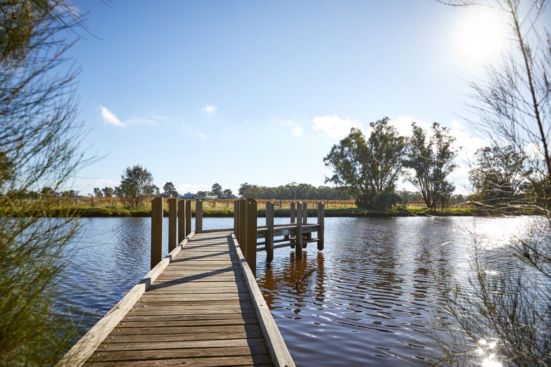 View of the public jetty and vinyards on the far side of the river from Woodbridge
