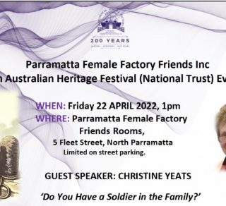 Event information for a 1 hour presentation at the Parramatta Female Factory Friends Rooms related image