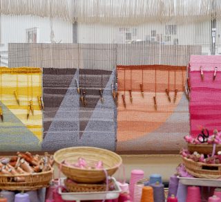 On the loom Old Media 2023 designed by Emma Biggs and Matthew Collings Weavers Tim Gresham Pamela Joyce Caroline Tully Leonie Bessant Cheryl Thornton Emma Sulzer Amy Cornall David Pearce Saffron Gordon Photo ATW related image
