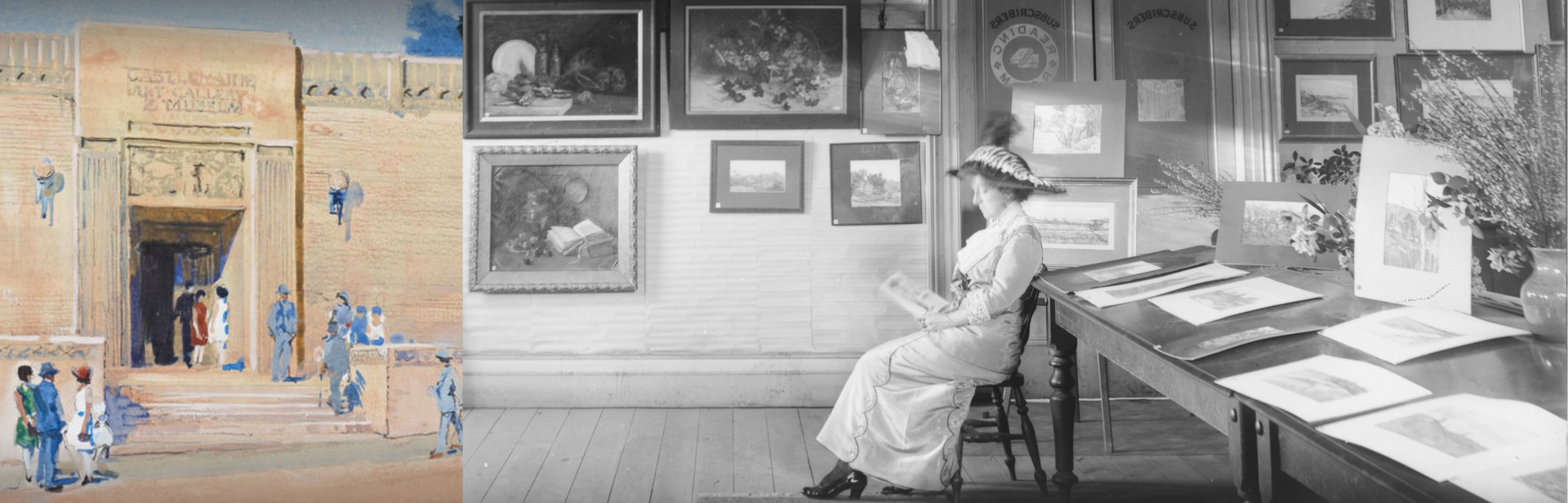 Painting: Harold Herbert, Castlemaine Art Gallery and Museum (detail), 1931, watercolour, 41.3 x 52.7 cm. Gift of the artist, 1931. Collection: Castlemaine Art Museum. Photograph: Elsie Barlow, att. Adolphus Verey, c1912. Credit: Adolphus Verey Photographic Collection.