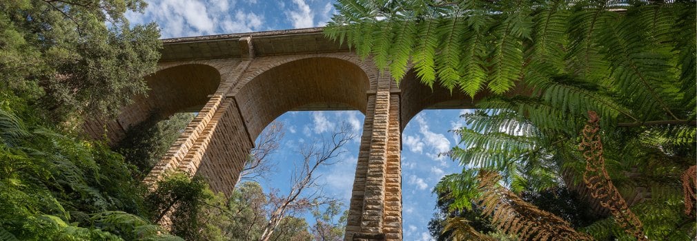 A tall stone viaduct surrounded by nature.
