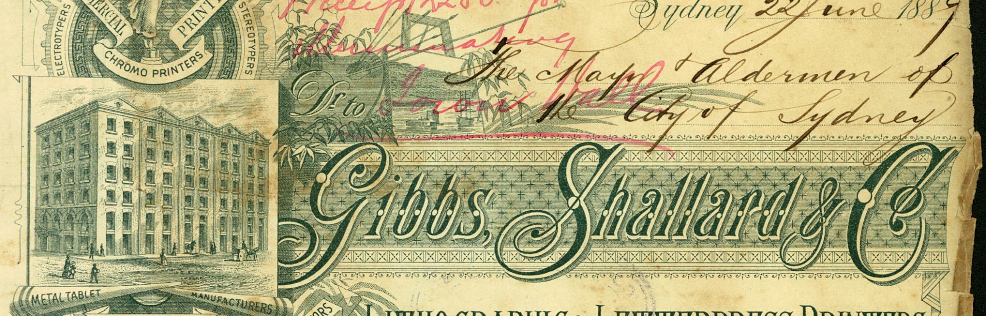 Letterhead of Gibbs, Shallard & Co, 1887 (City of Sydney Archives, A-00313314)