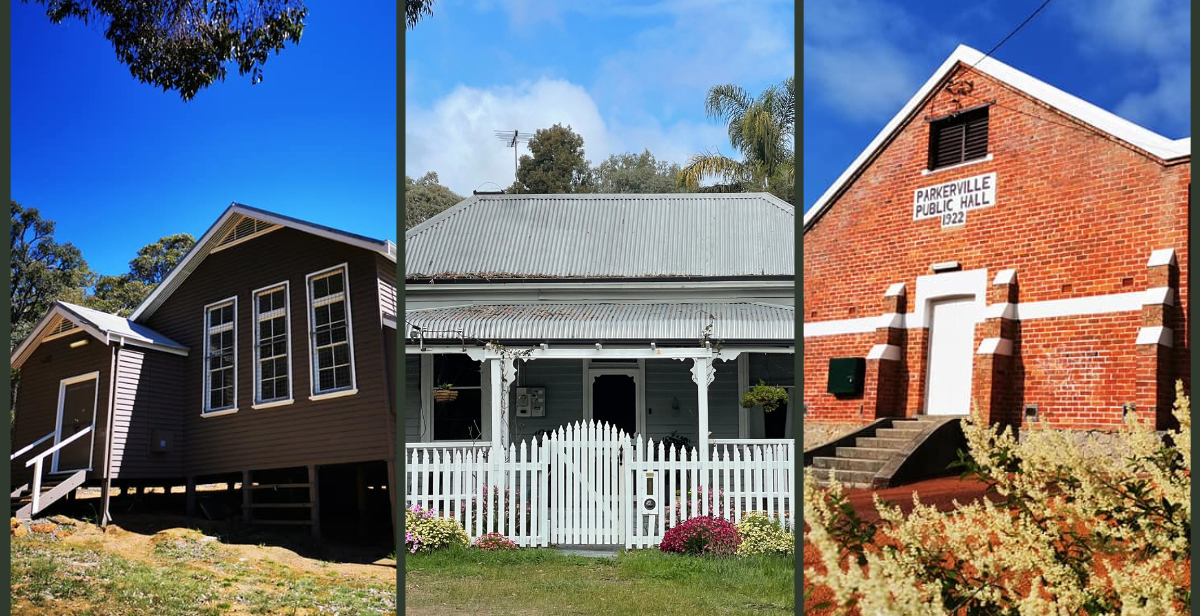 The Old School House, an original worker's cottage and Parkerville Hall on the Parkerville Heritage Walk