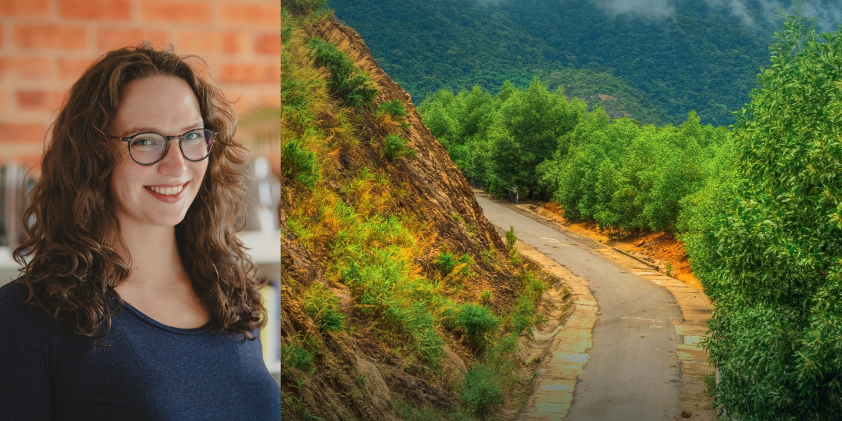 On the left, Dr Mia Martin Hobbs and on the right, an image from the cover of her book 'Return to Vietnam' showing a pathway through foggy mountains.