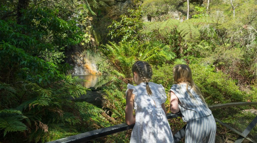 Two girls look over the edge of a railing to a waterfall.