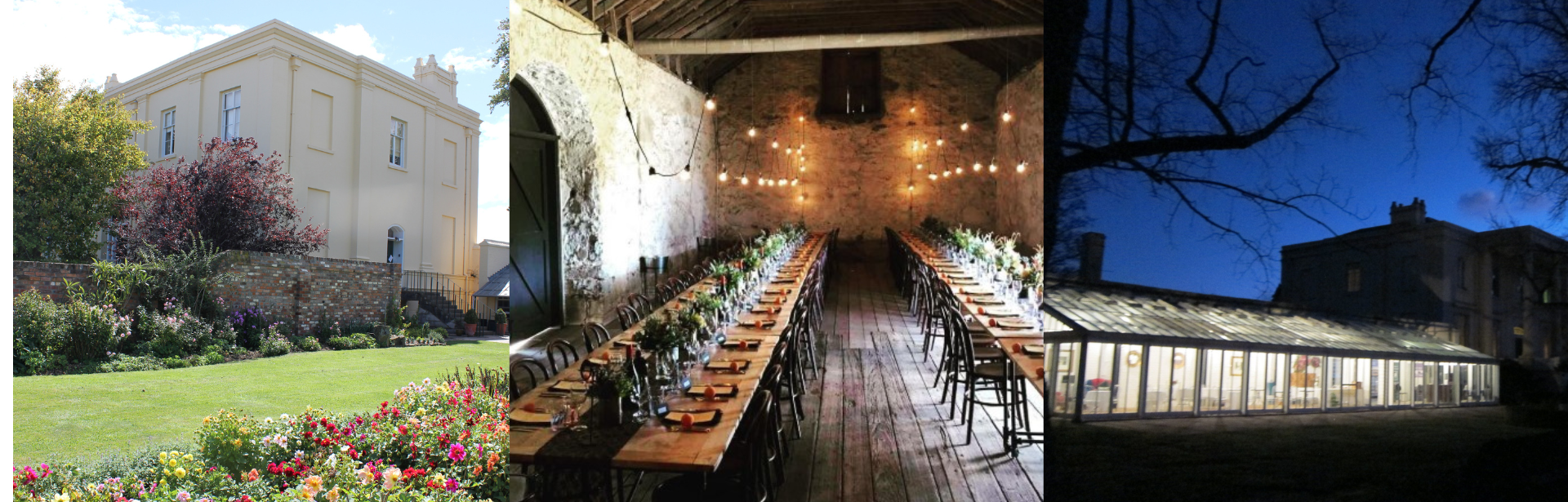 a collection of three images  left a garden view of multicoloured flowers with Clarendon as the background middle  the stone barn bedecked with a long table set with flowers under string lights and right  Clarendon at night with the conservatory lit up against a deep blue sky