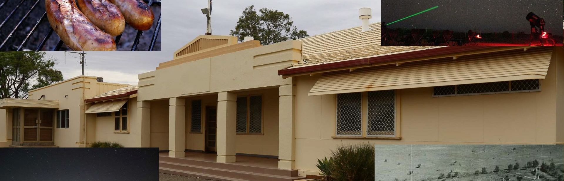 Art deco architectural style of the front of Outback Astronomy's main building, with inset, clockwise from top left, sausage sizzle, sky show, aerial view from late 1940s and current stargazing area.