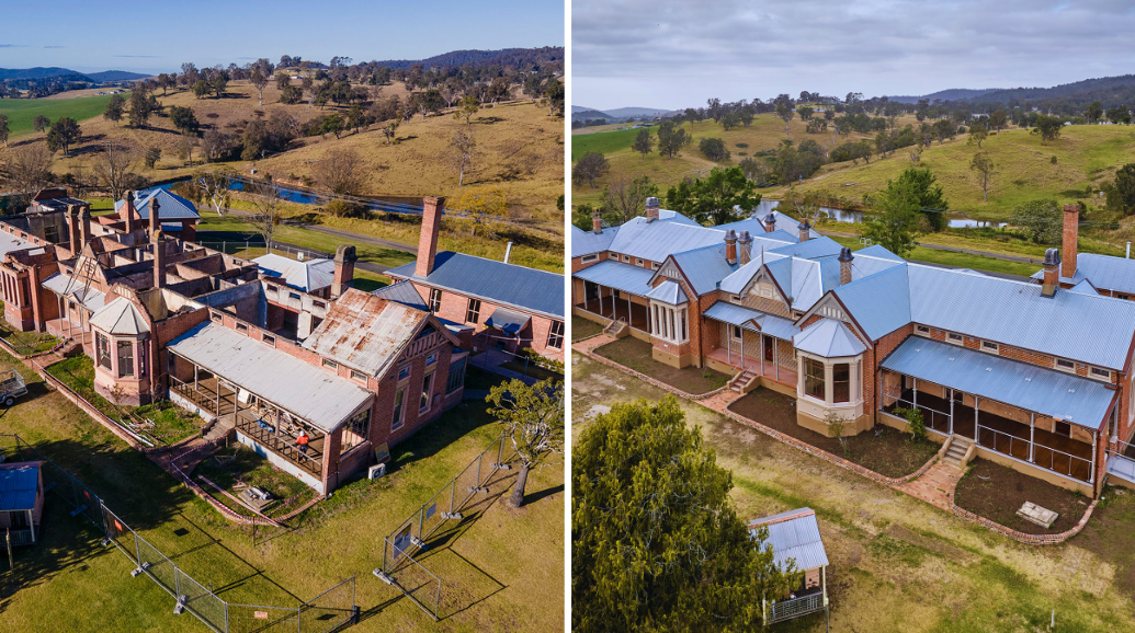 Two side by side images showing the restoration of a heritage building.