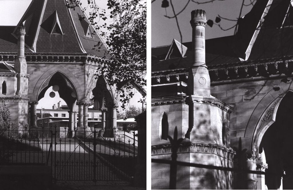 Black and white shot of close-up detail of Mortuary Station.