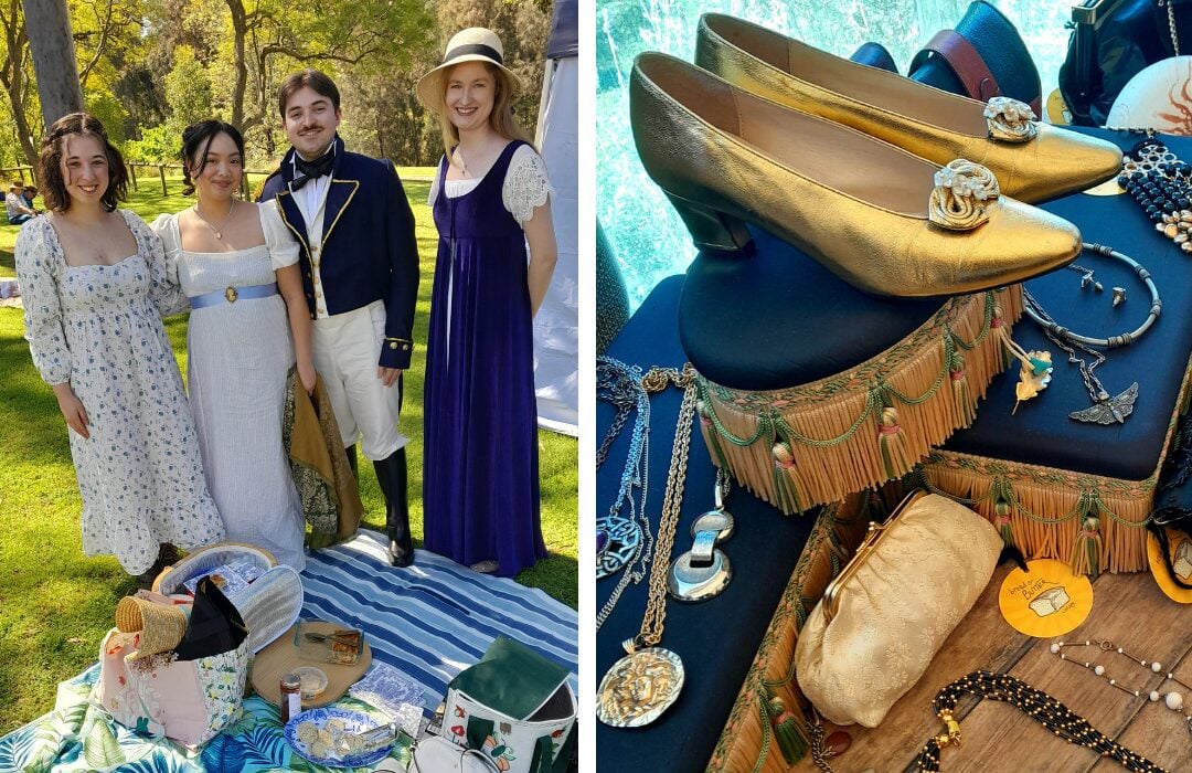 Young people in regency attire at a picnic and images of a vintage market stall
