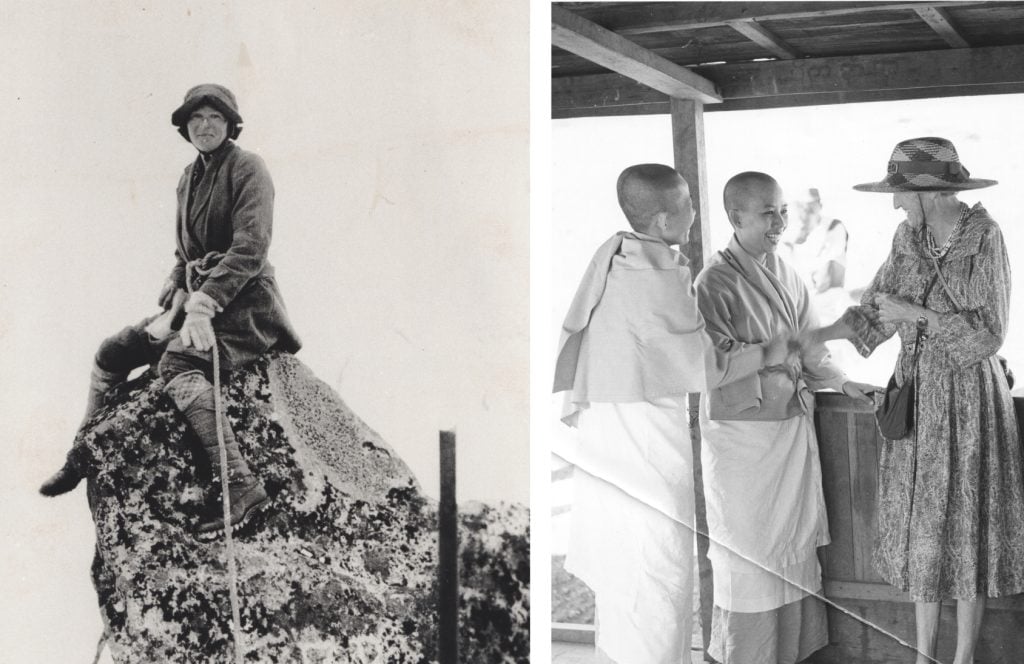 A smiling woman sitting atop a mountain peak; an older woman talks to two monks with shaved heads.