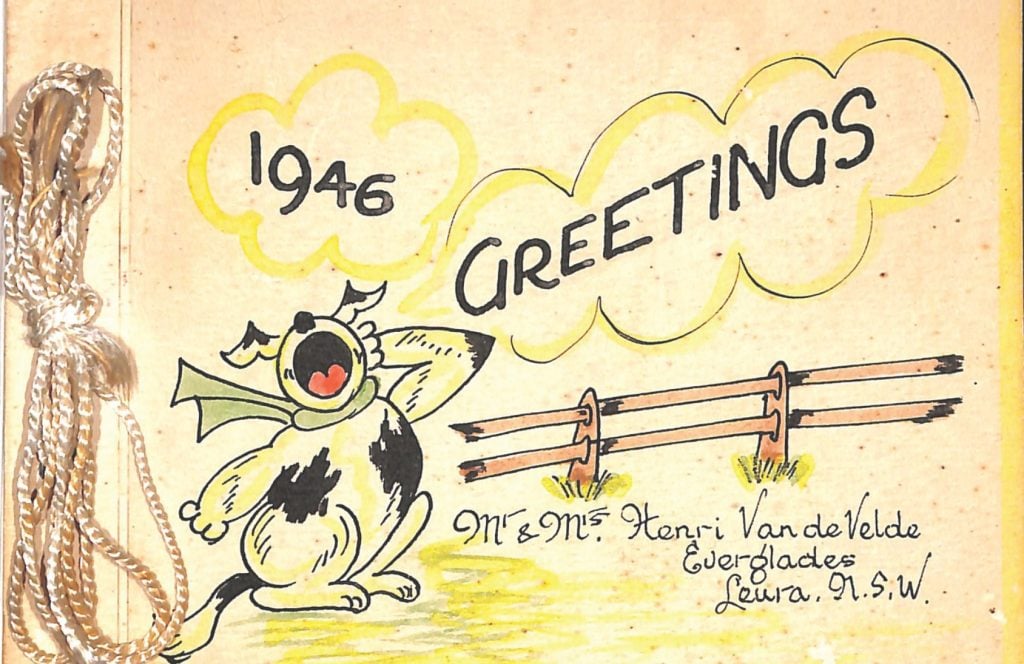 A hand-drawn greeting cardfrom 1946 featuring a laughing dog.