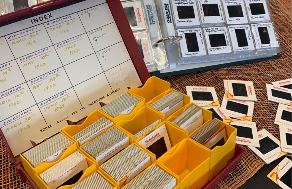 Vintage slides filed in a yellow box and folder.