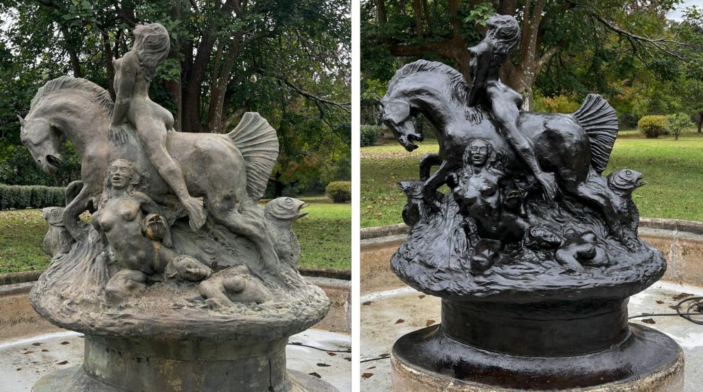 A fountain carved into the shape of a seahorse gleaming after being reburnished in bronze.