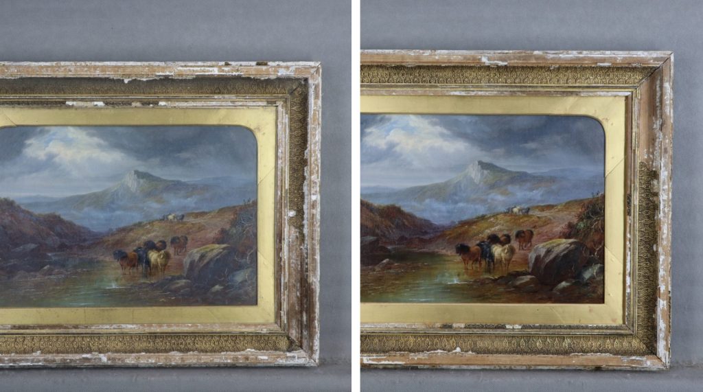 A painting of horses in snow before and after conservation treatment.