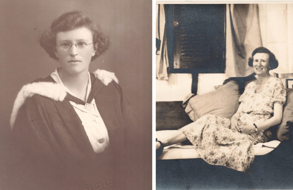 A formal portrait of a young woman in academic dress; a smiling woman reclines against ruffled cushions with her feet up and legs crossed.