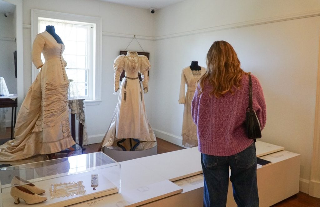 Woman looking at an exhibition at Old Government House. 
