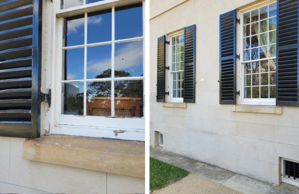 Before and after repainting of front external windows of Old Government House.