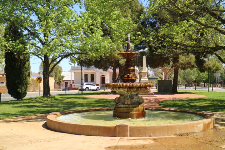 A fountain in a leafy park