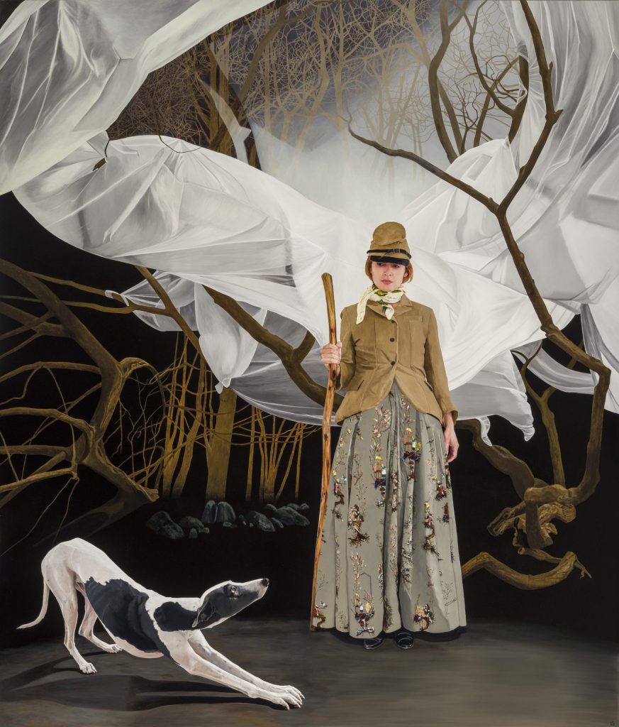 An abstract painting of a woman in historic military dress, standing next to a dog.