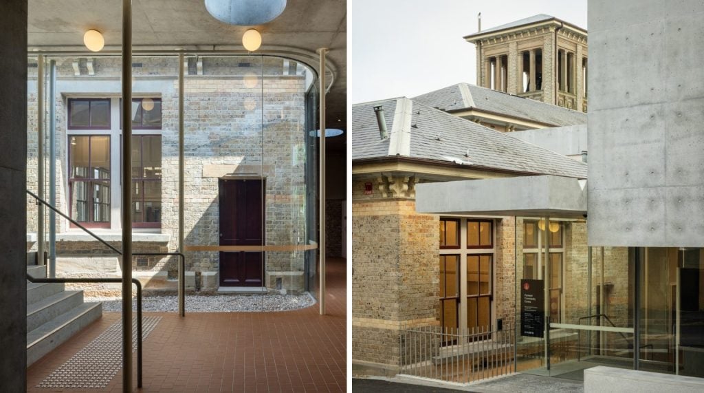 A heritage pale brick building with thoughtful modern glass additions.