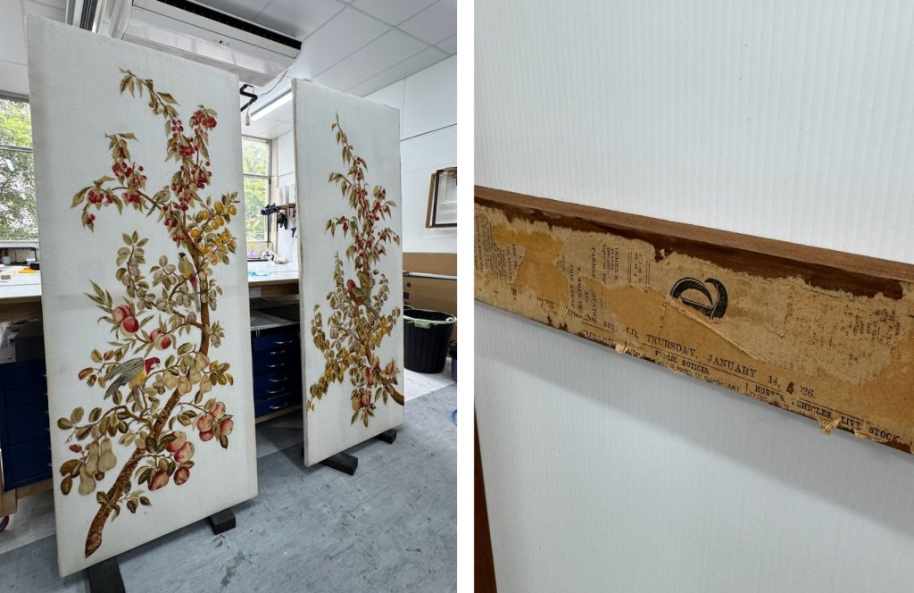 Left; embroidered linen panels ready for cleaning. Right; newspaper clippings from 1926 on the back of the frames.