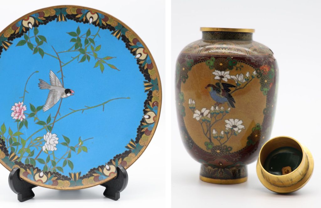 A blue painted plate and a decorative jar.