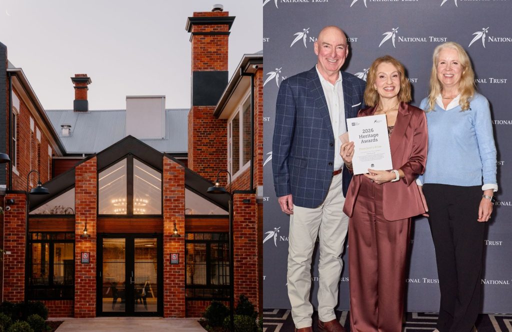 Left; the Coolamon Hotel. Right; Founder of GPG Architecture, Gioia Gianniotis pictured with the owners of the Coolamon Hotel, Craig Patterson and Megan Taylor at the 2026 National Trust (NSW) Heritage Awards.
