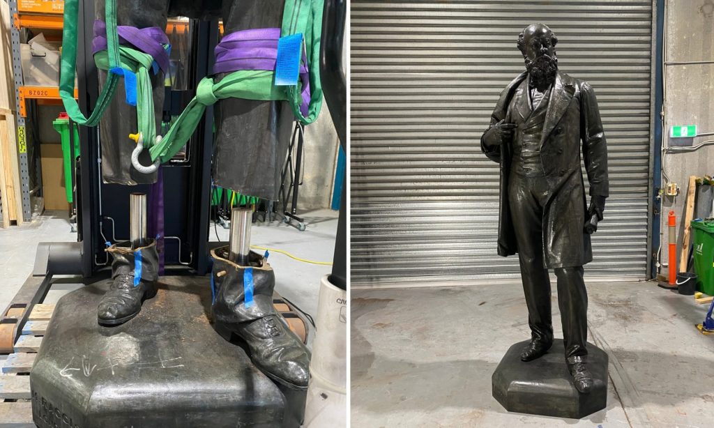 A statue cut off at the ankles is restored.