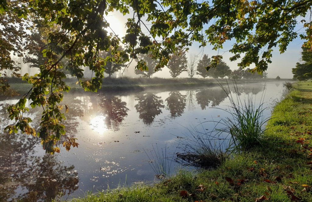 A mist rises above a lake